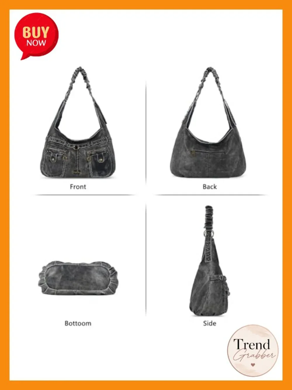 Large Hobo Shoulder Bag Vegan Leather Multi-Pocket Tote with Studs